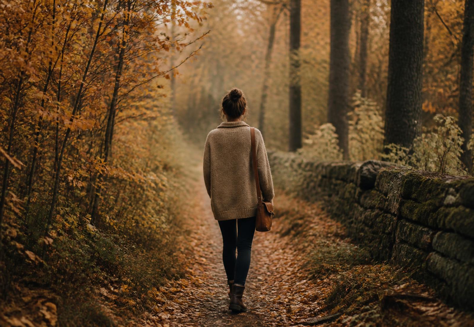 Frau geht einen Waldweg im Herbst entlang