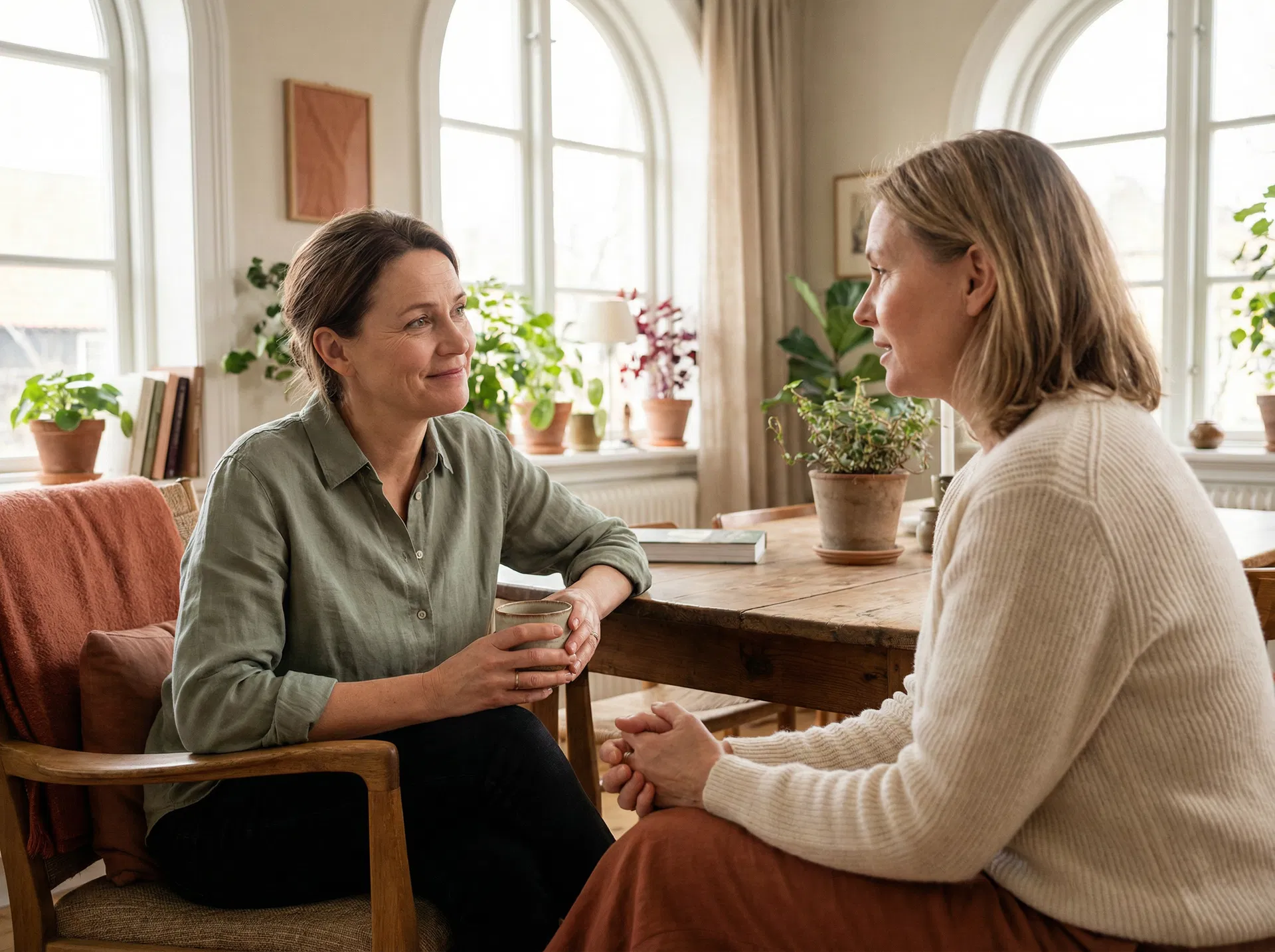 Coaching-Gespräch in warmem, natürlichem Ambiente